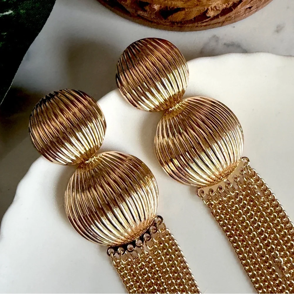 2/$30🌵 Gold Ribbed Circle Metal Long Tassel Chain Earrings Boho Jewelry Gift NEW